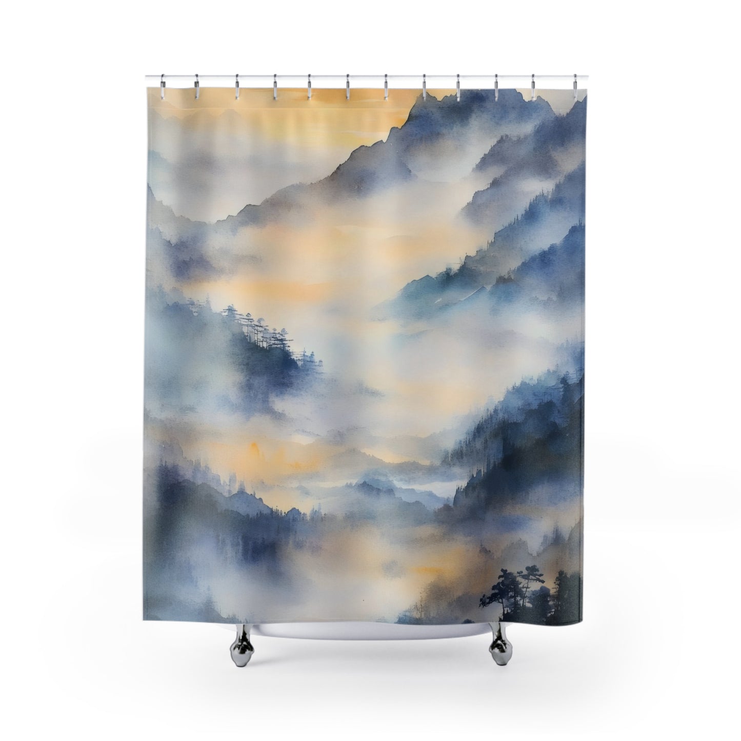 Shower curtain with serene blue and gold misty mountain landscape watercolor design