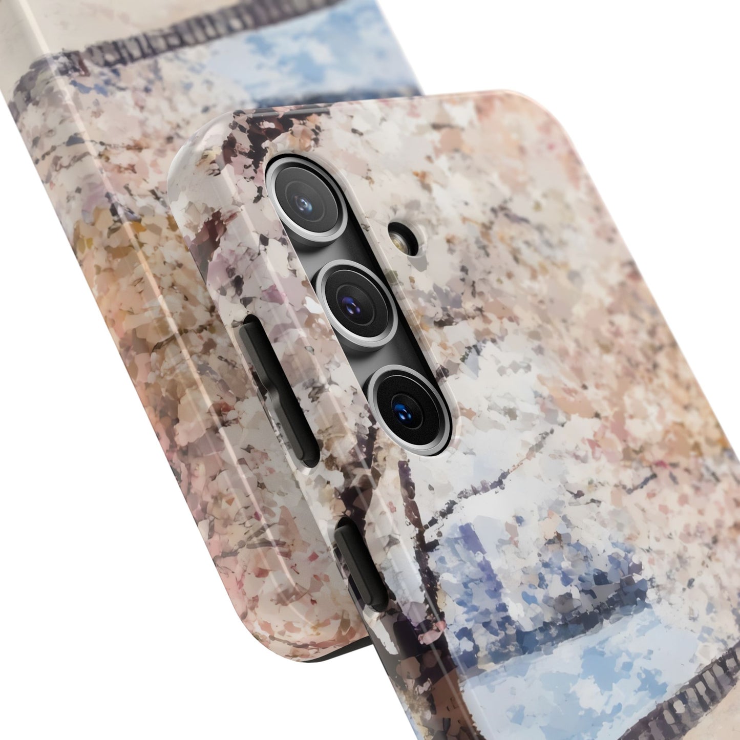 Close-up of phone case with abstract pastel floral art, soft pink and blue brushstrokes