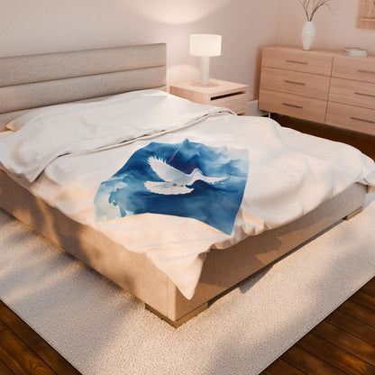 White Dove Blue Watercolor Velveteen Plush Blanket — blanket in a bedroom lifestyle setting
