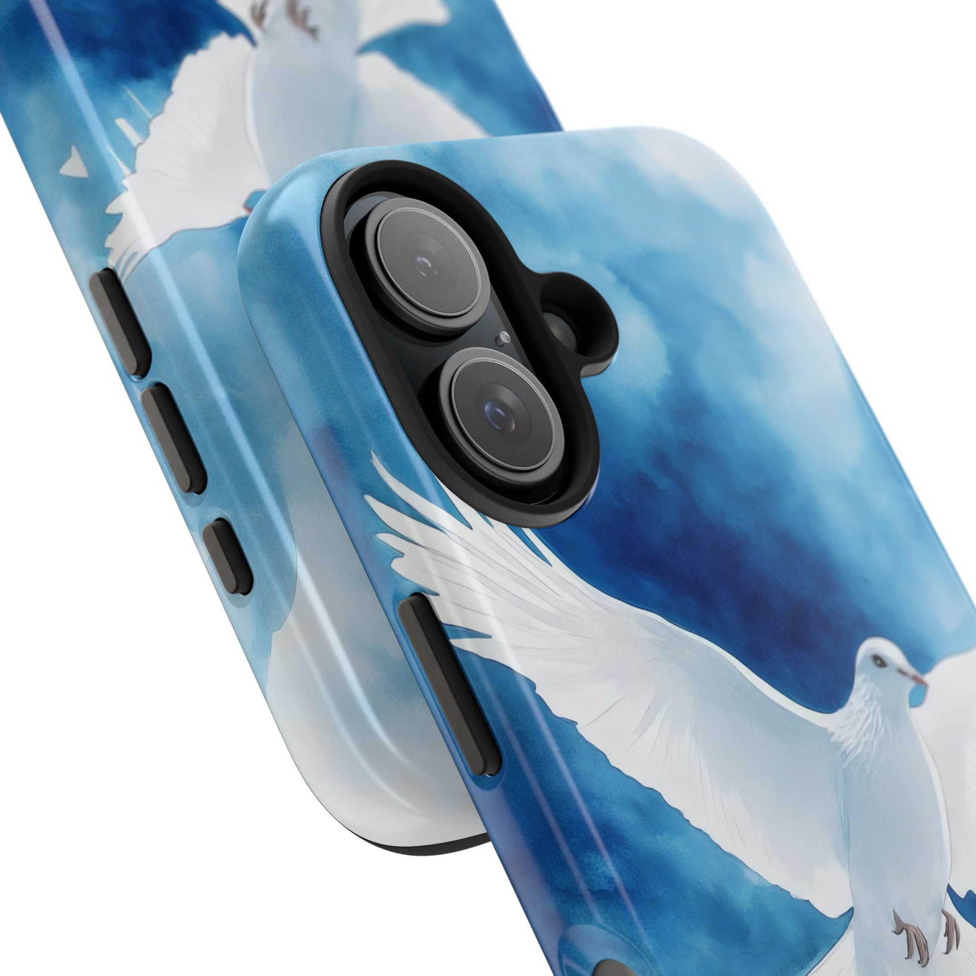 Christian phone cases featuring a white dove with spread wings on a blue sky background