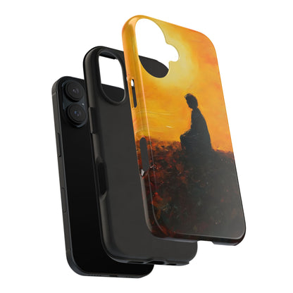 Phone case with silhouette of meditating figure against a warm, golden sunset background