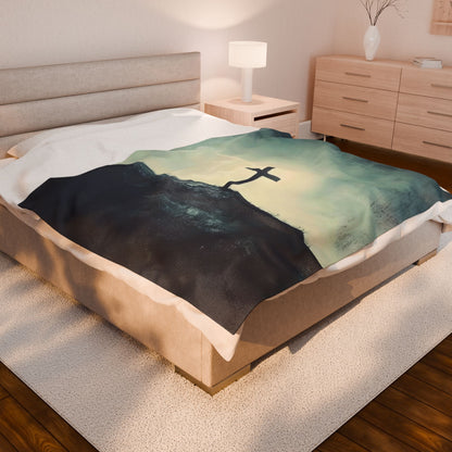 Cross on Hill Velveteen Plush Blanket — full design view