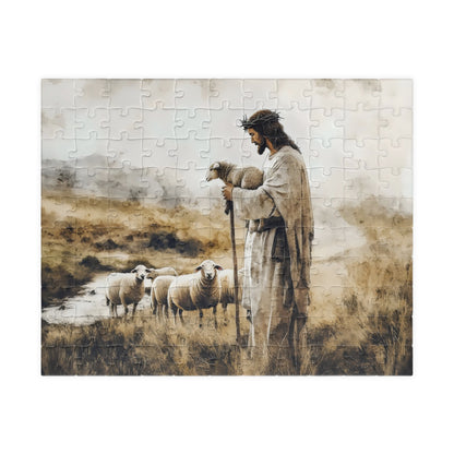 Christian jigsaw puzzle showing Jesus as shepherd with sheep in a pastoral scene
