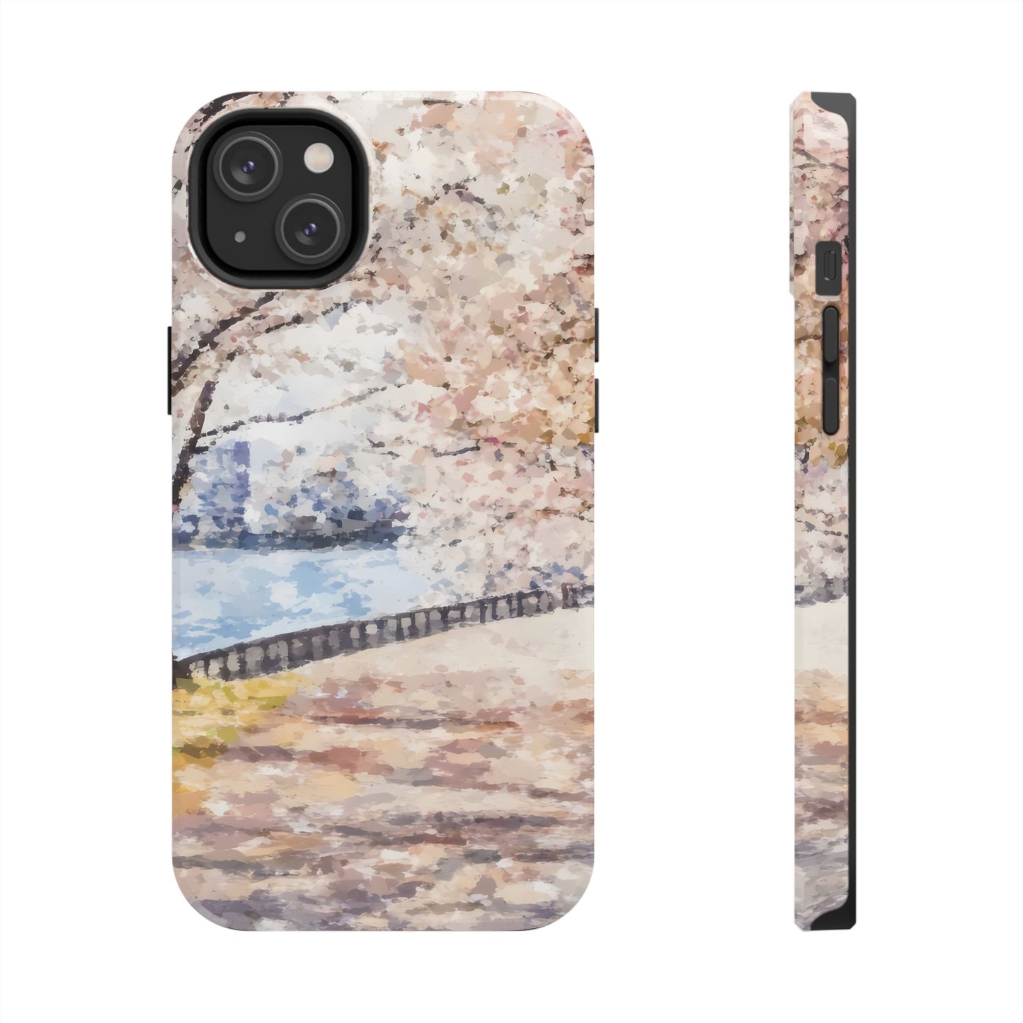 iPhone case with watercolor cherry blossom tree and river walkway design