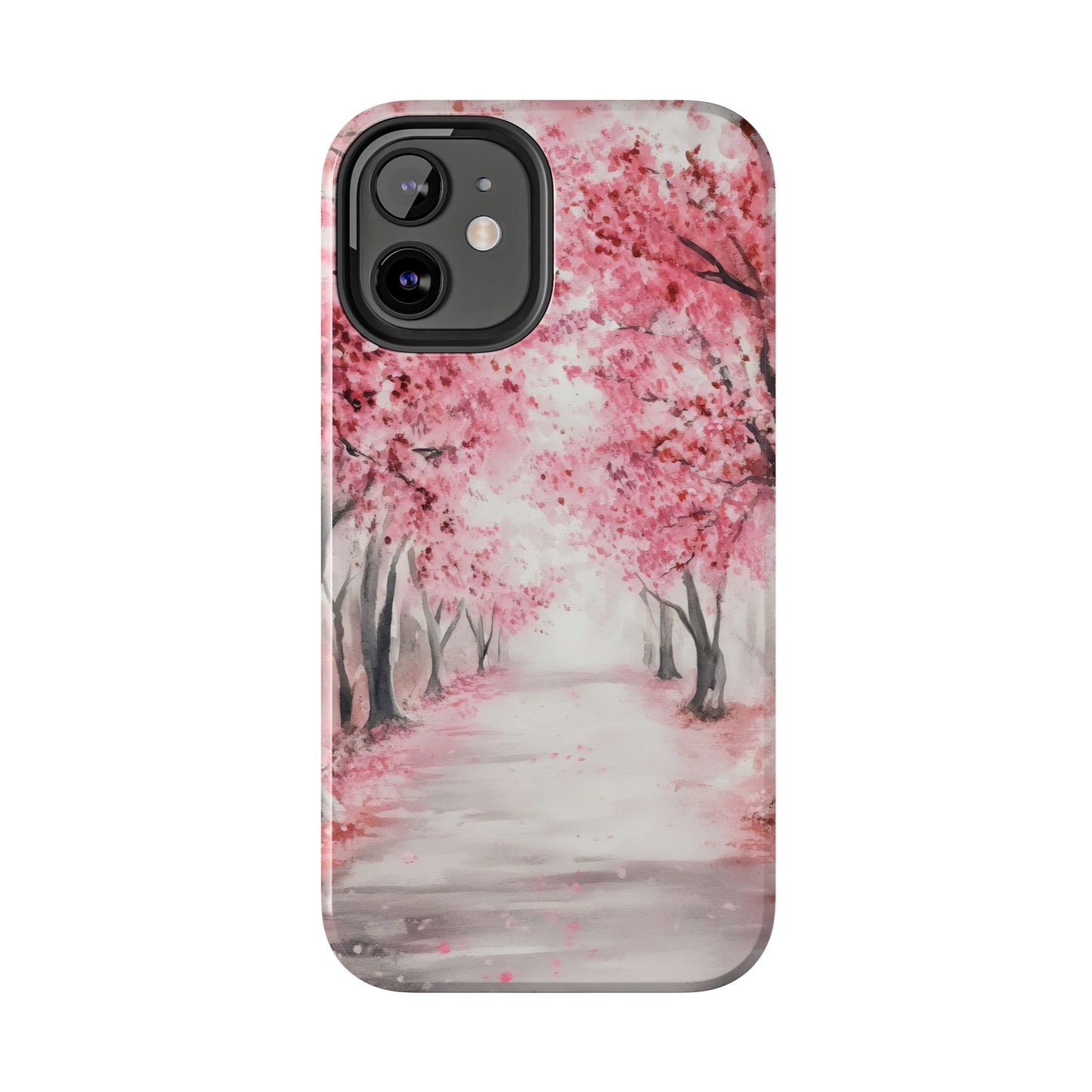 Phone case with a watercolor pink cherry blossom tree path design, soft pastel tones