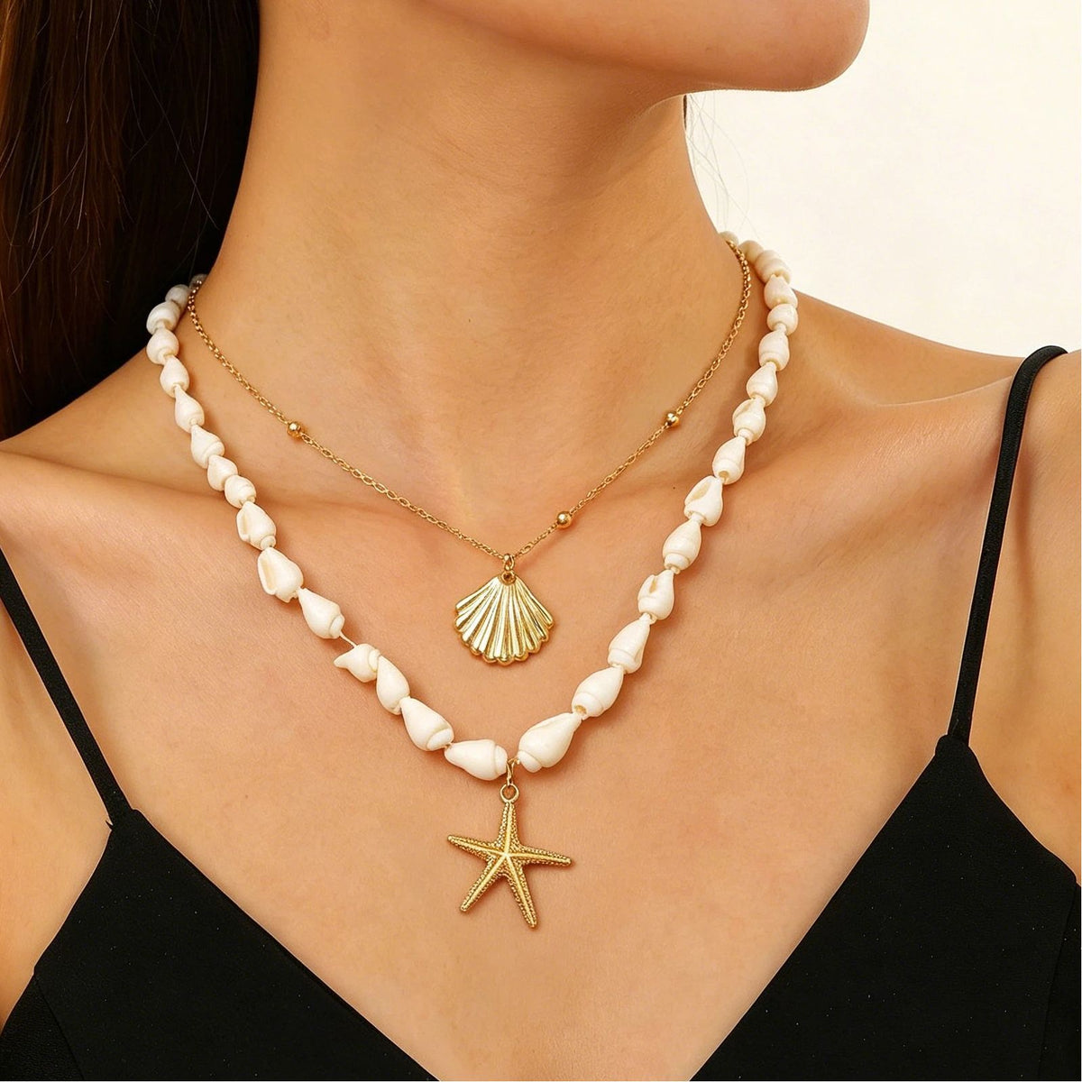Layered Shell Pearl Starfish Pendant Bohemian Necklace – product view 25
