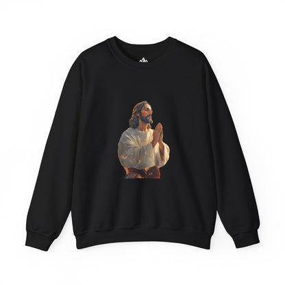Black sweatshirt featuring a serene praying Jesus graphic, Christian faith apparel