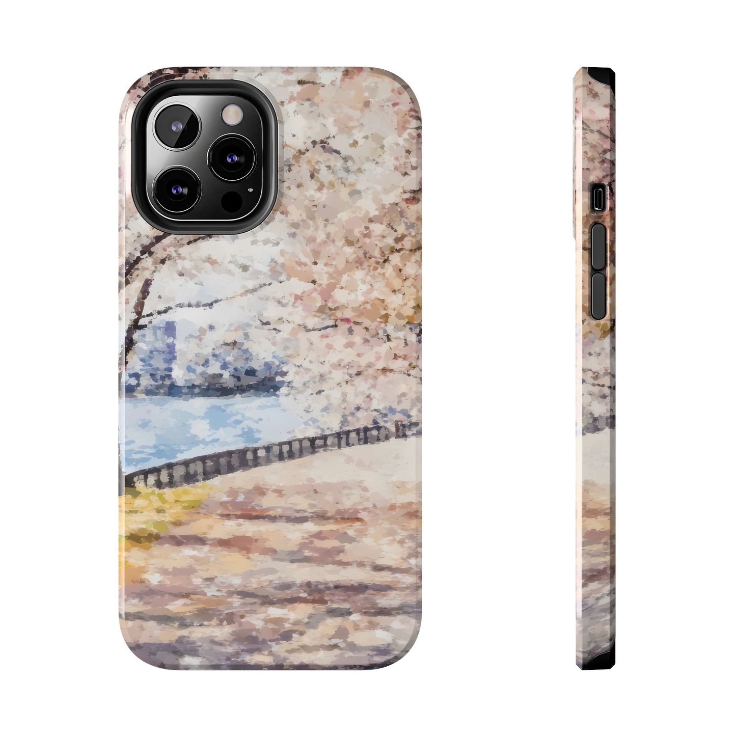 Impressionist phone case with serene riverside and pastel cherry blossom trees design