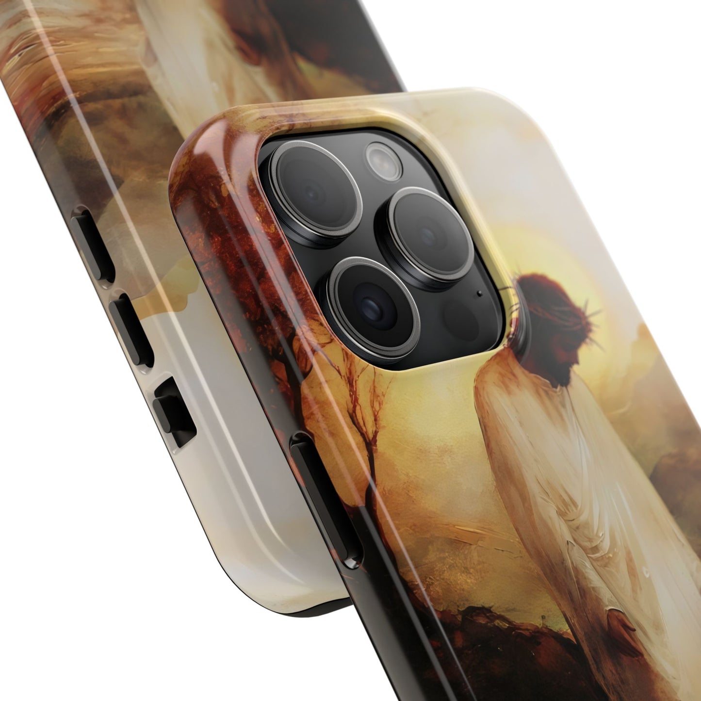 Christian phone case featuring serene depiction of Jesus with crown of thorns and soft sunset background