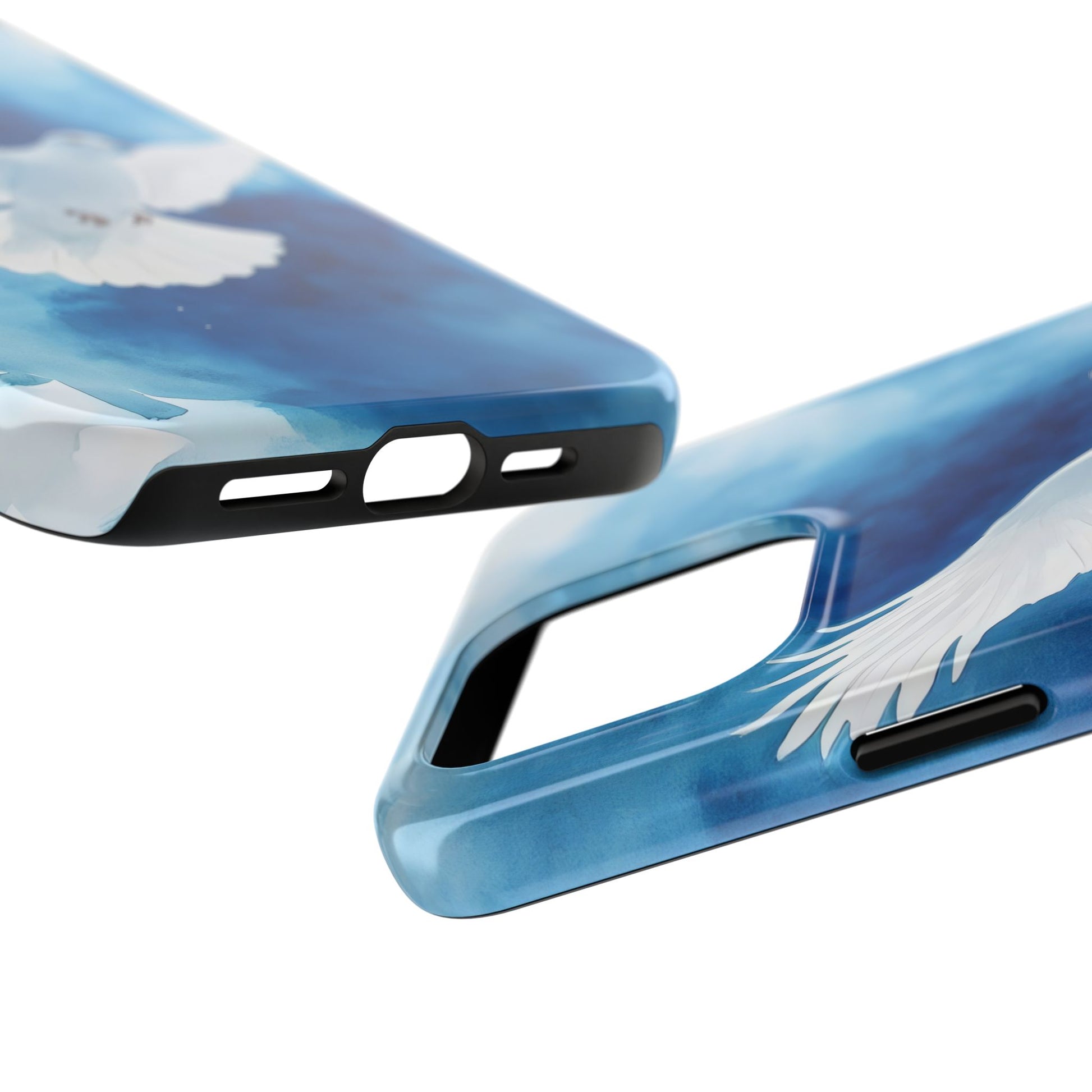 Christian phone case with white dove artwork on a blue background, faith-inspired accessory