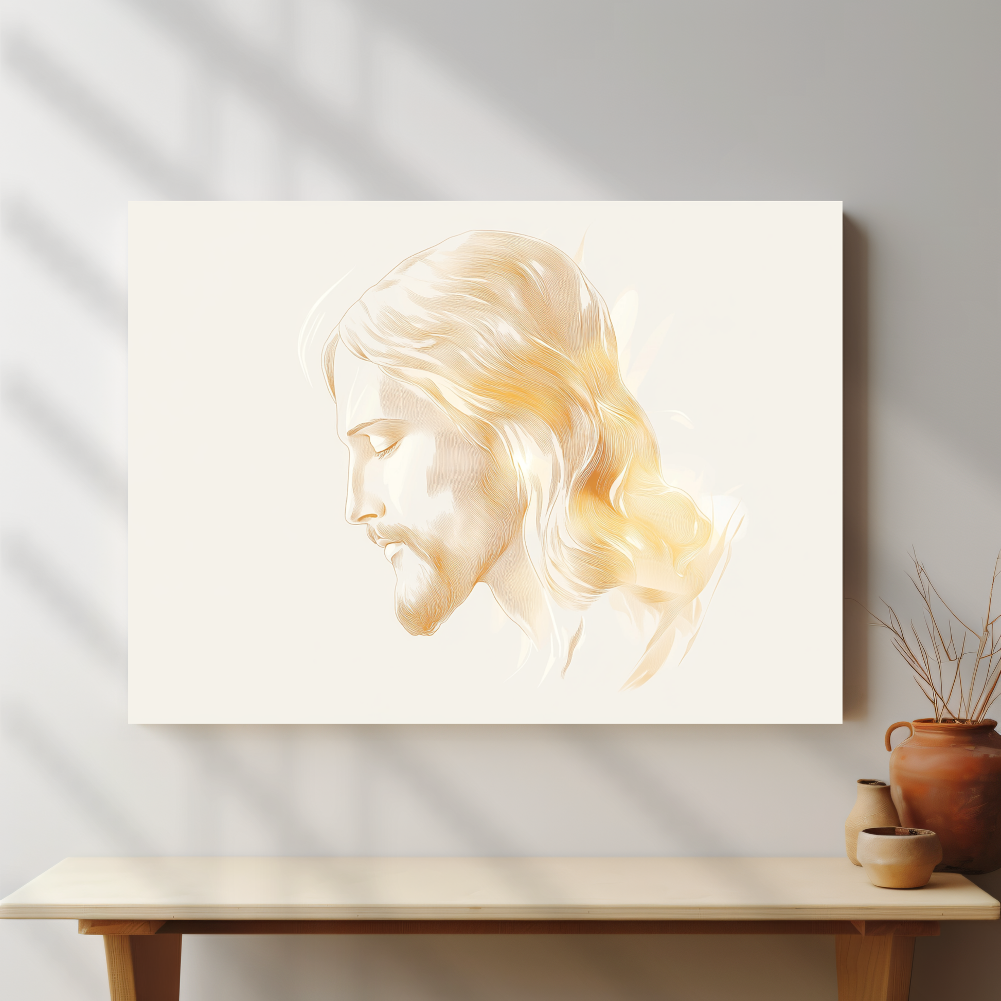 Christian wall art featuring a serene portrait of Jesus in a minimalist home setting.