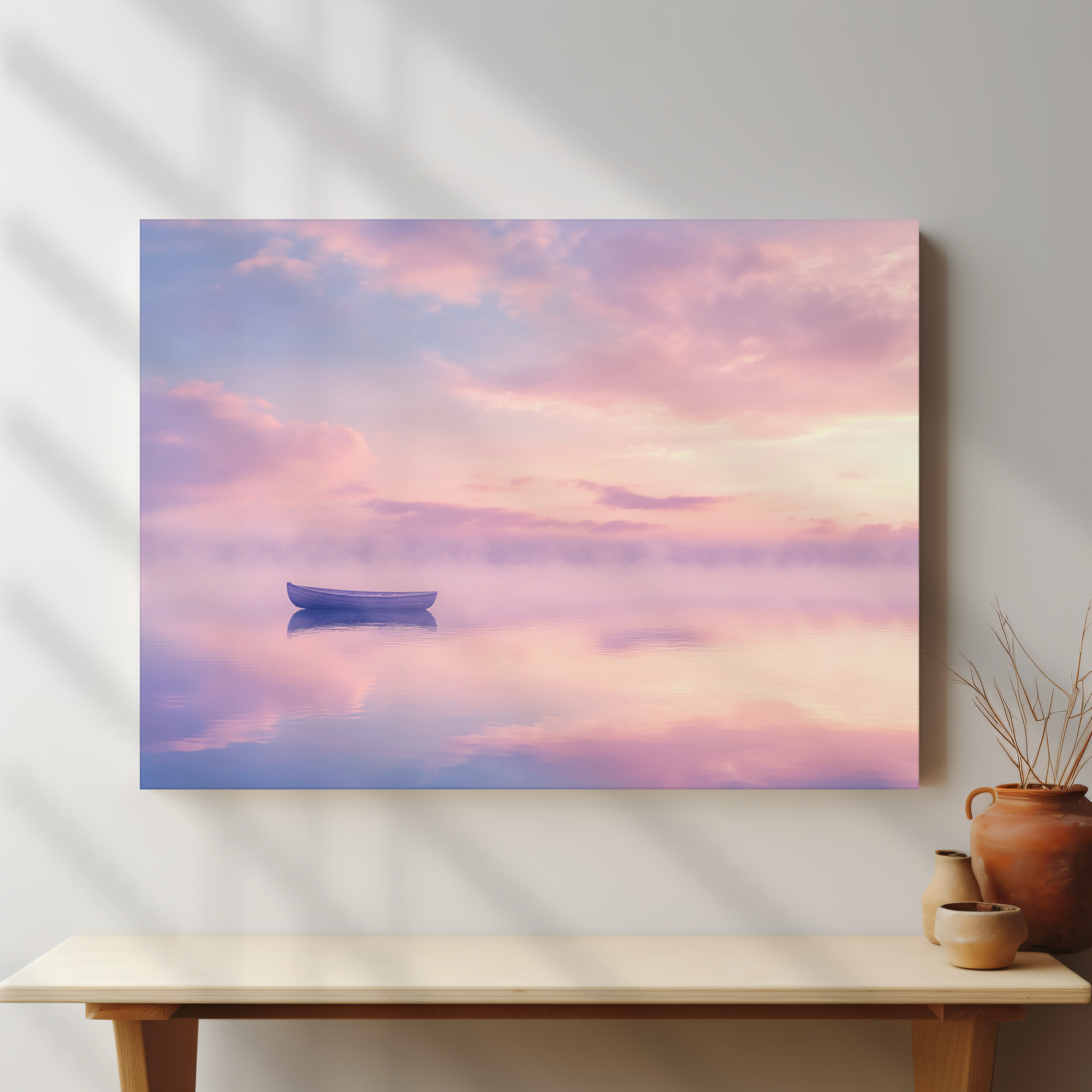 Framed Christian wall art of a quiet boat on calm water at sunrise with pastel skies