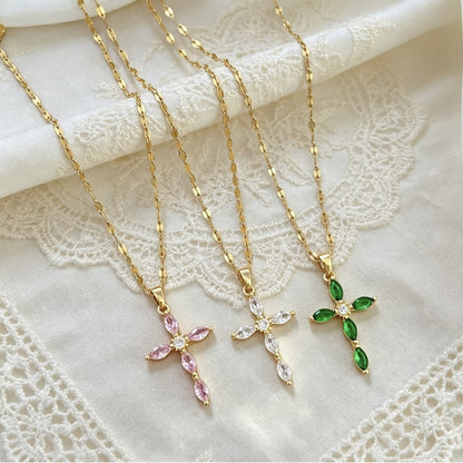 Crystal-Accent Titanium Steel Cross Necklace – product view 1