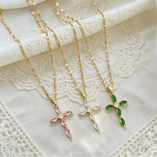 Pink, clear and green crystal cross pendant necklaces