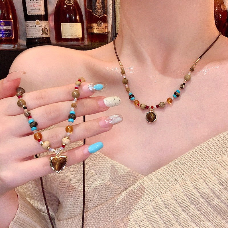Vintage Tiger Eye Stone Beaded Necklace with Lobster Clasp – product view 4