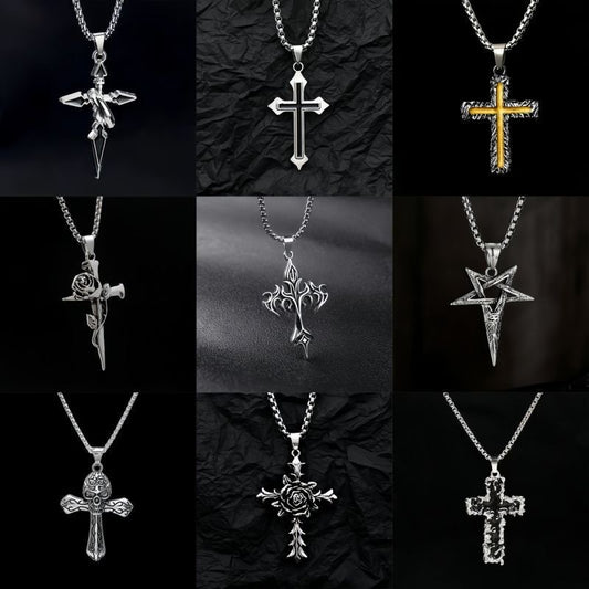 Decorative cross pendant necklace designs arranged in a collage