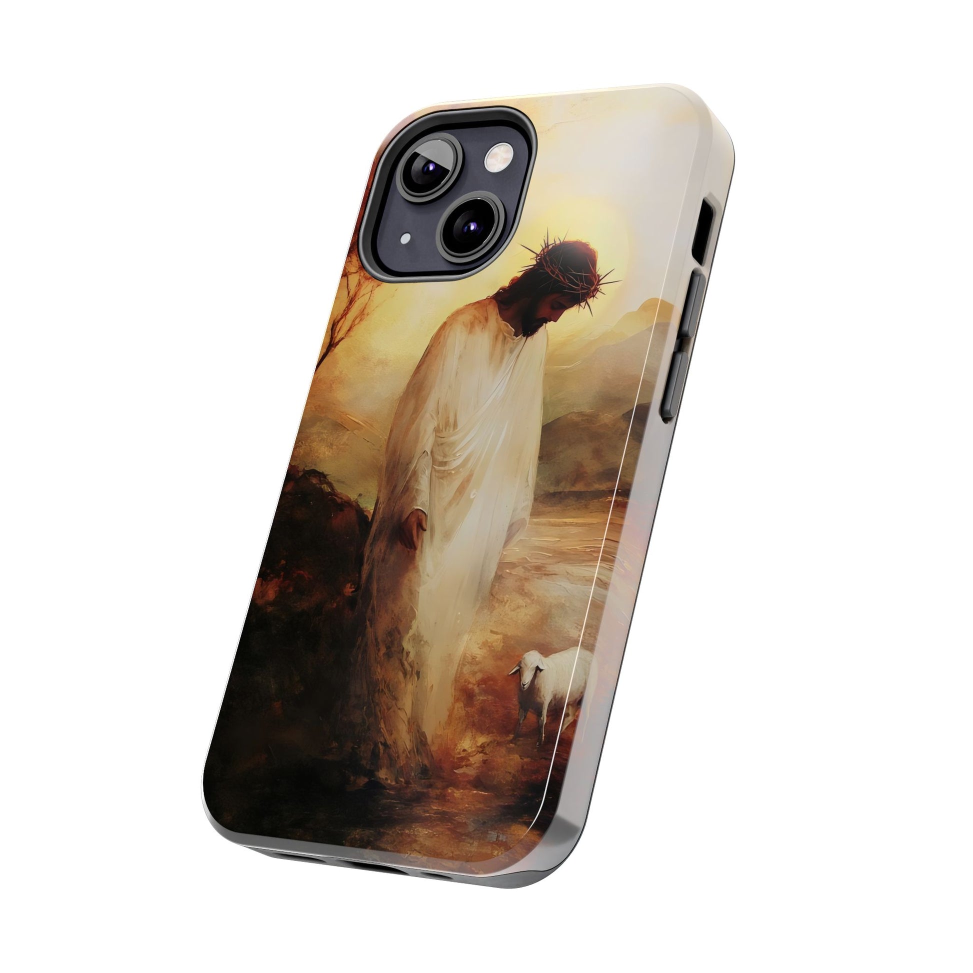 Christian phone case featuring Jesus with lamb in serene, spiritual landscape art