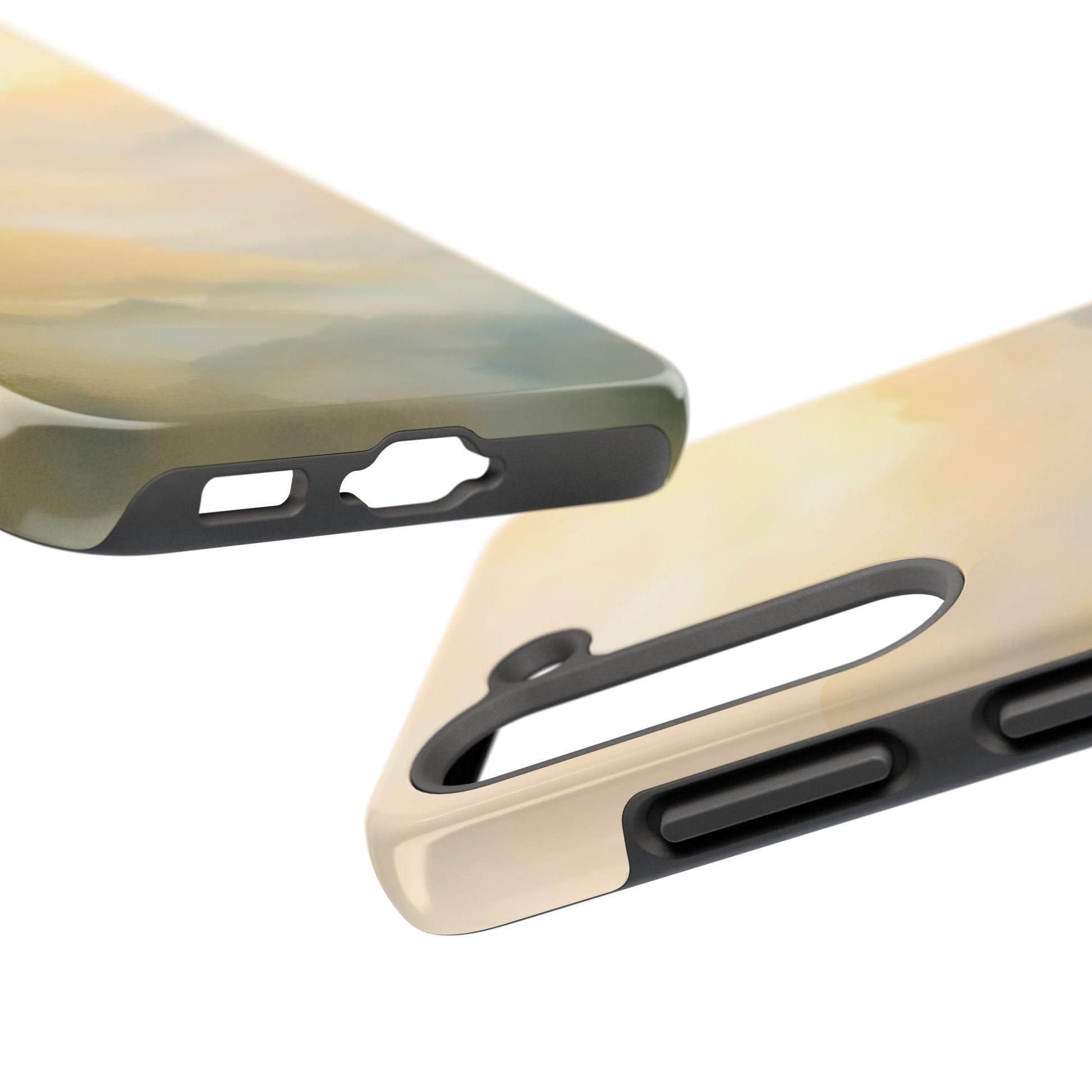 Abstract pastel phone case with soft yellow and green gradient, close-up of edges and cutouts