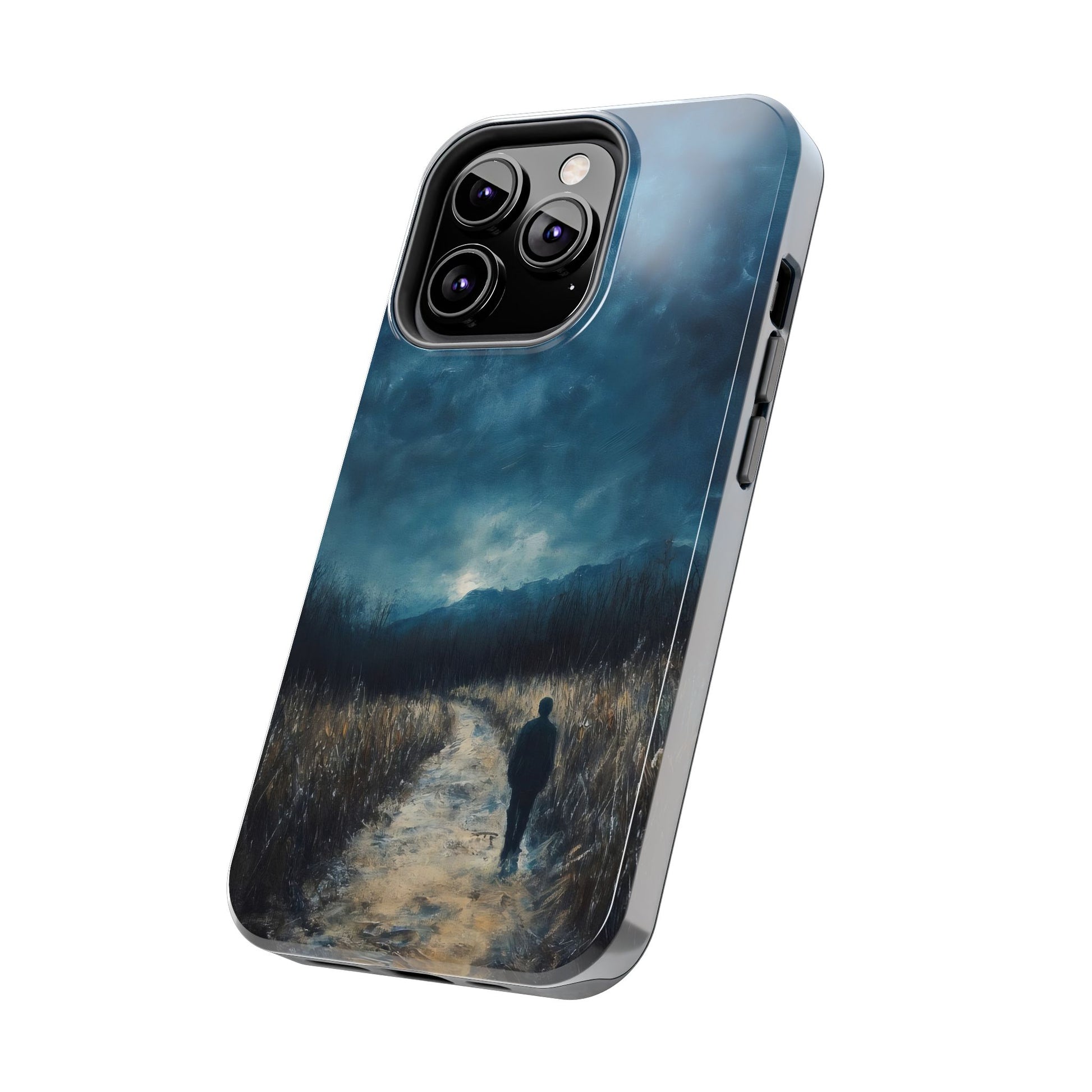 Phone case with serene landscape art, lone figure walking on a path at dusk, spiritual design