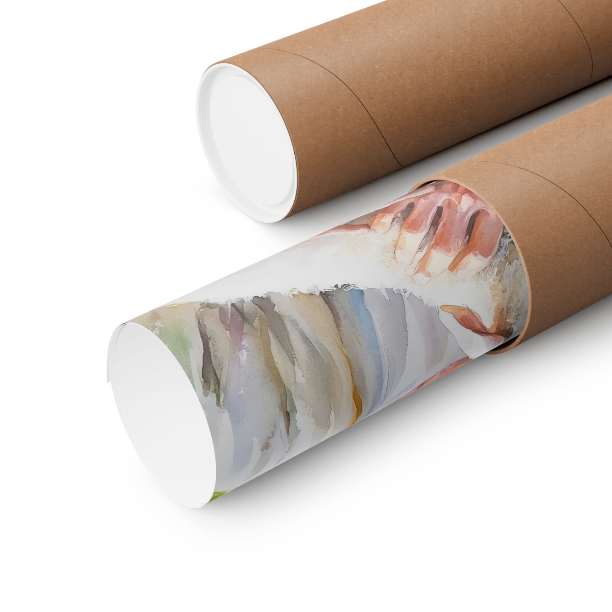 Rolled Christian wall art print with watercolor hands in a brown shipping tube
