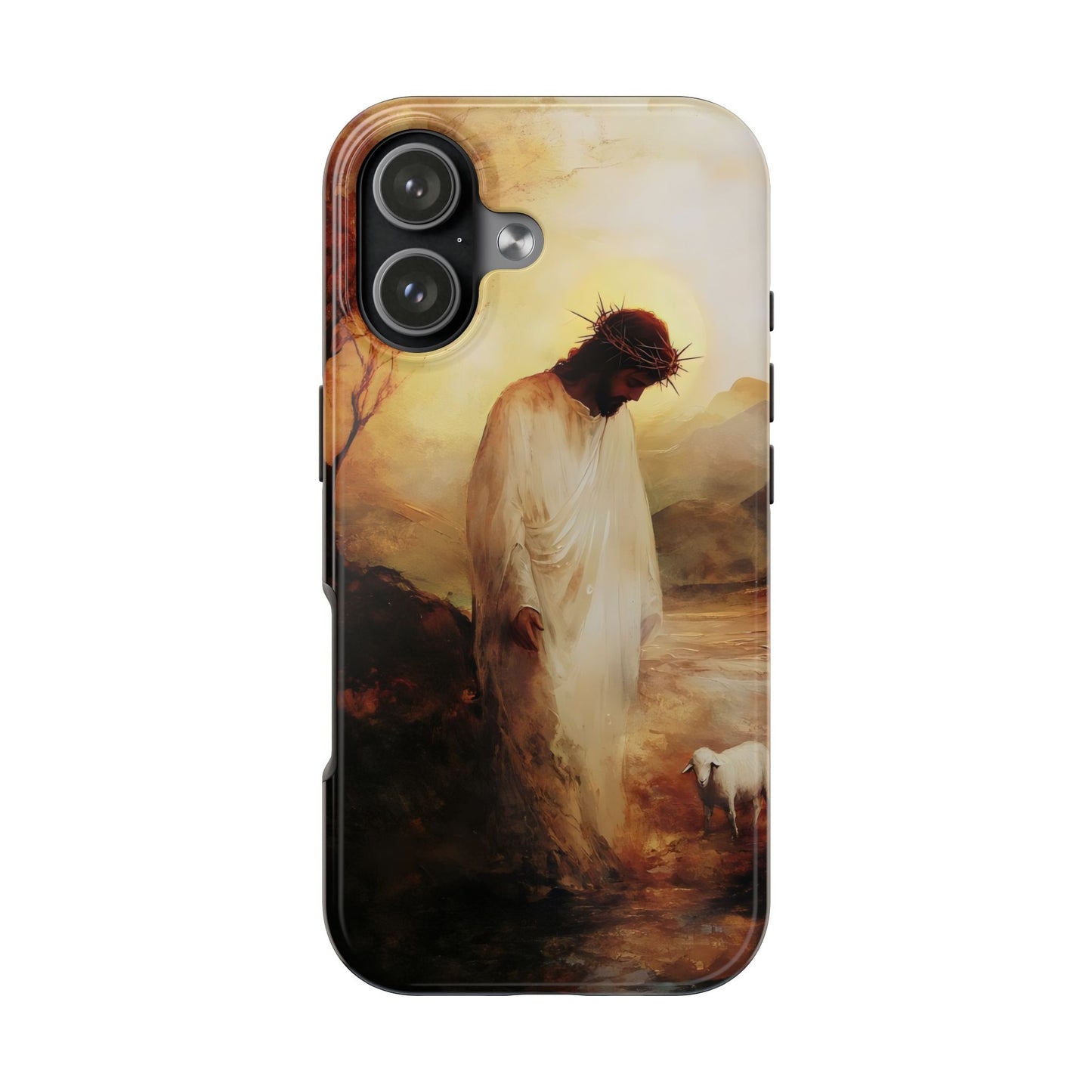 Christian phone case featuring Jesus with a halo and a lamb in a peaceful landscape