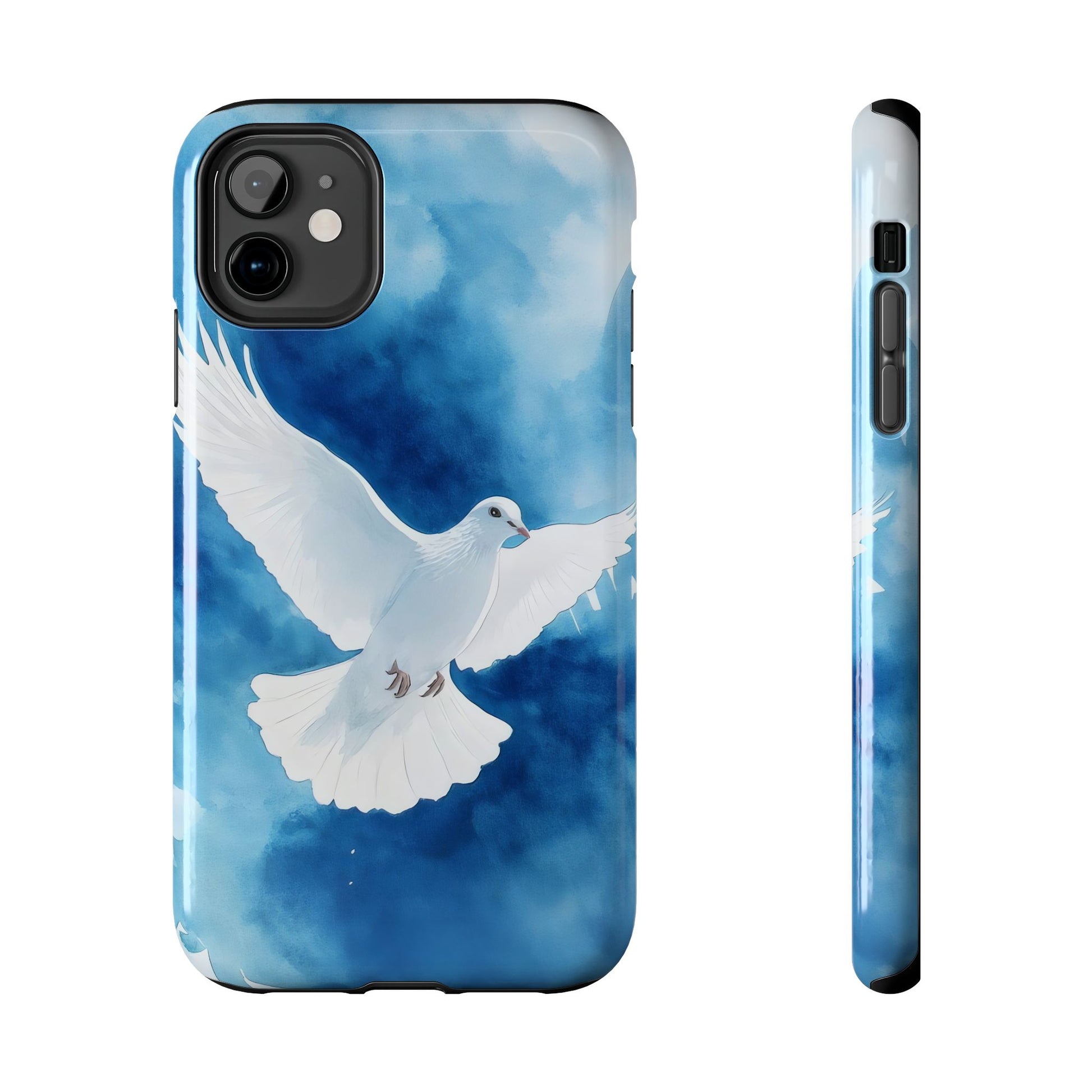 Christian phone case with flying white dove on blue watercolor background