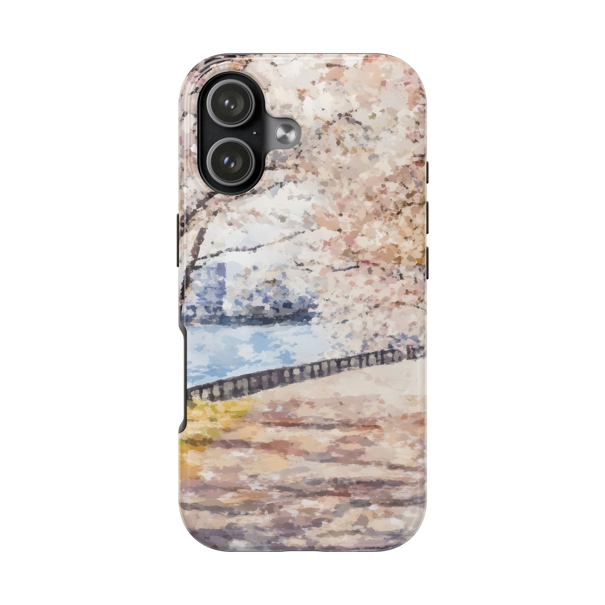 Watercolor phone case with cherry blossom tree and tranquil riverside path design