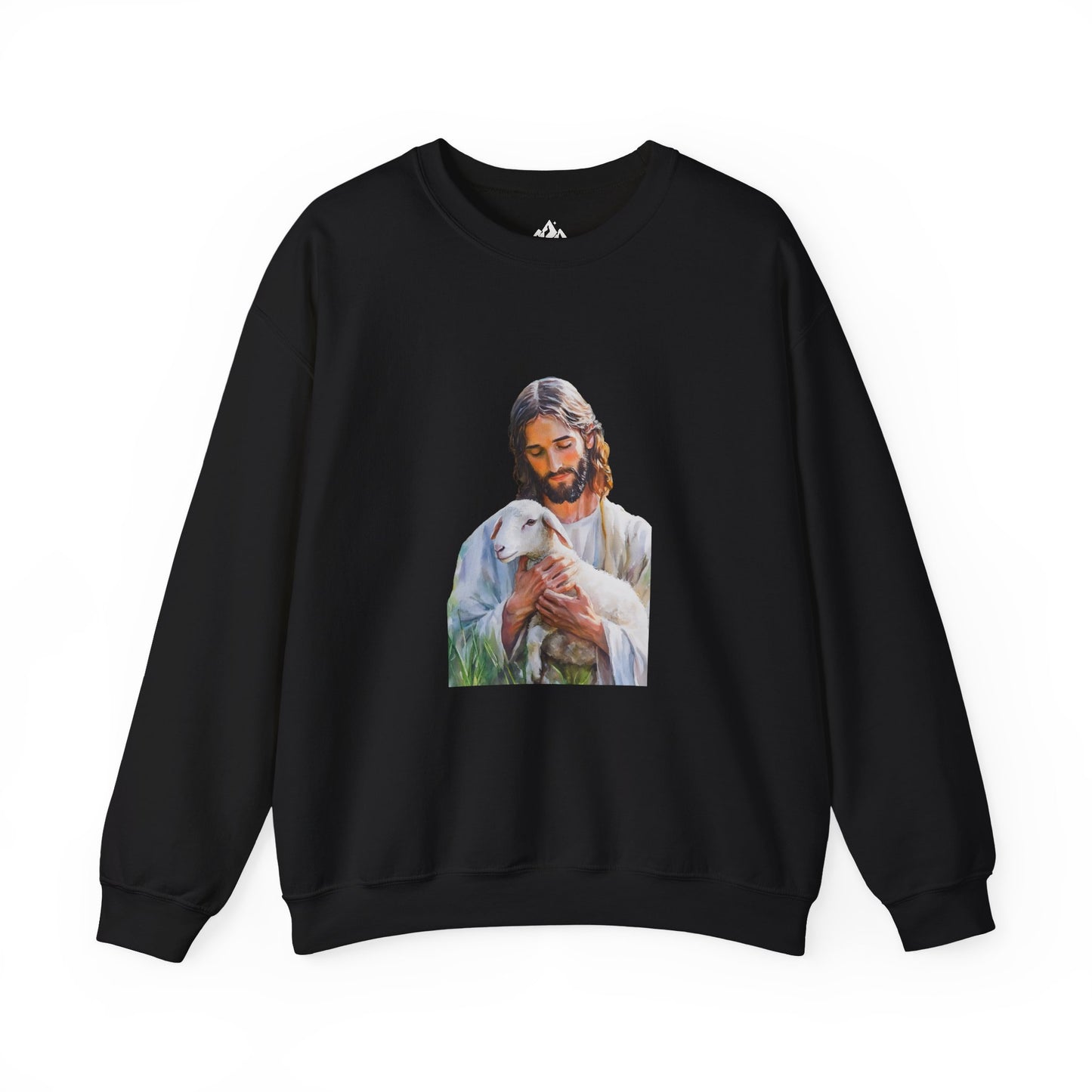 Black Christian sweatshirt featuring Jesus gently holding a lamb, faith-inspired apparel