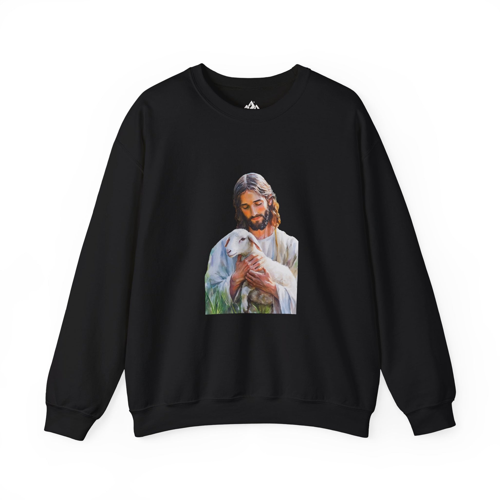 Black Christian sweatshirt featuring Jesus gently holding a lamb, faith-inspired apparel