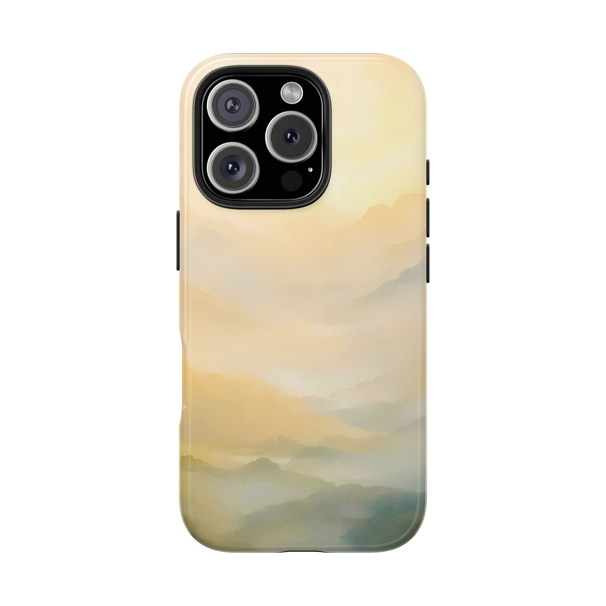Serene mountain landscape phone case with soft, misty pastel colors, spiritual design