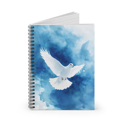 Christian spiral notebook with white dove illustration on blue watercolor background