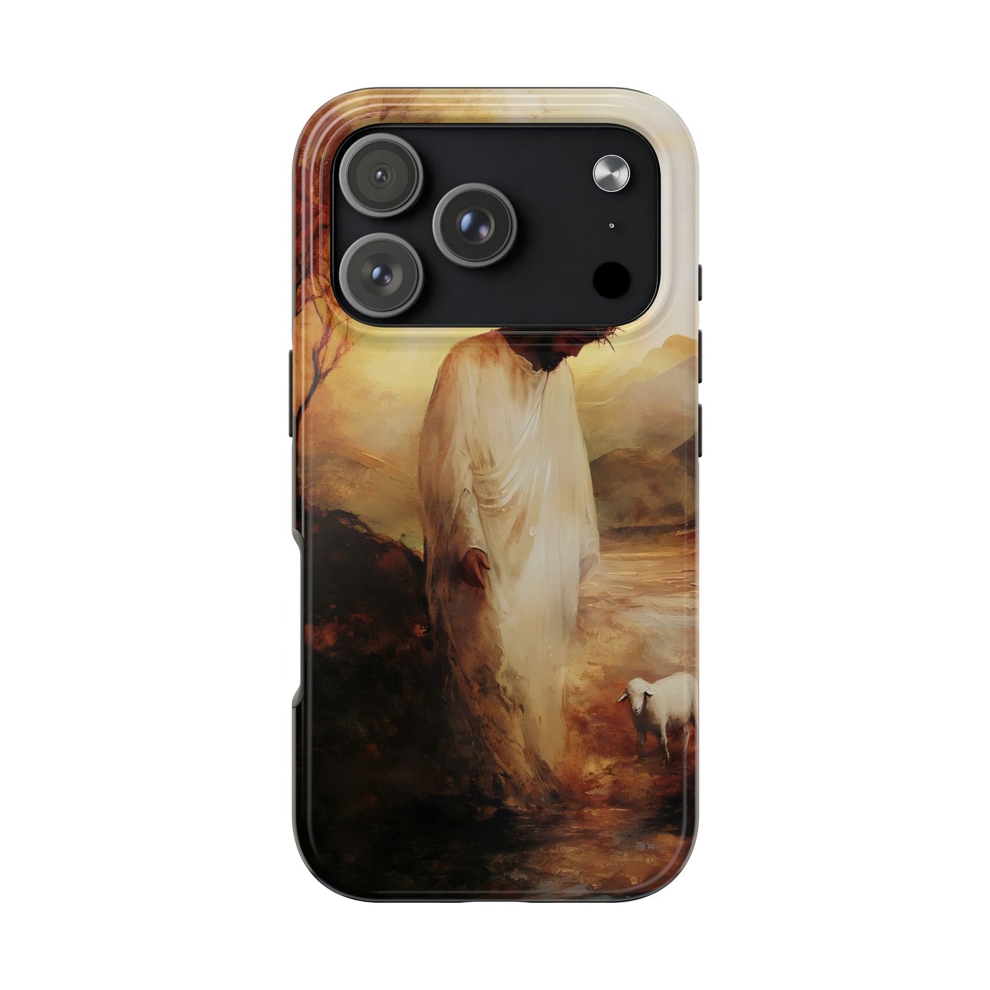 Christian phone case featuring figure in white robe with lamb in tranquil outdoor setting