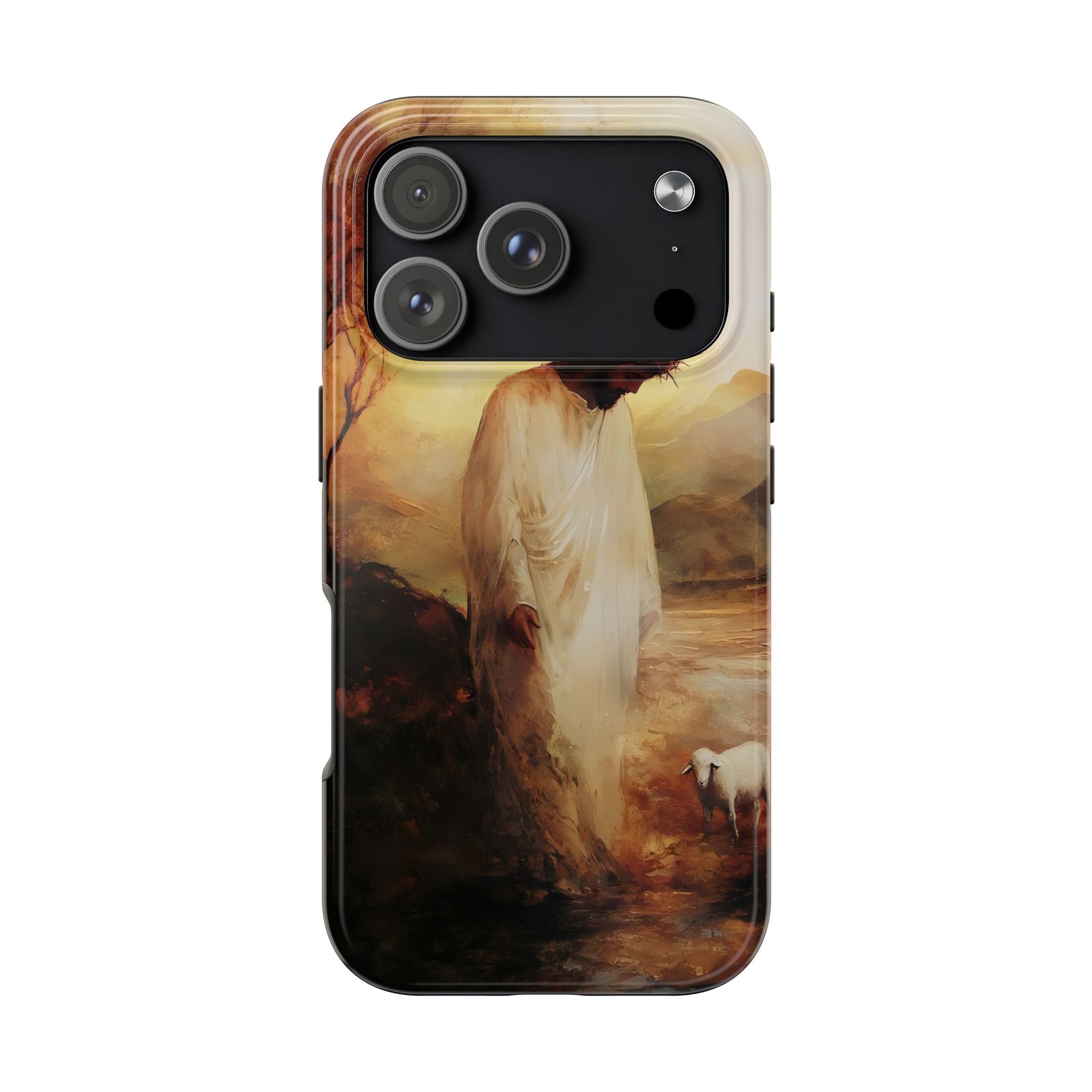 Christian phone case featuring figure in white robe with lamb in tranquil outdoor setting