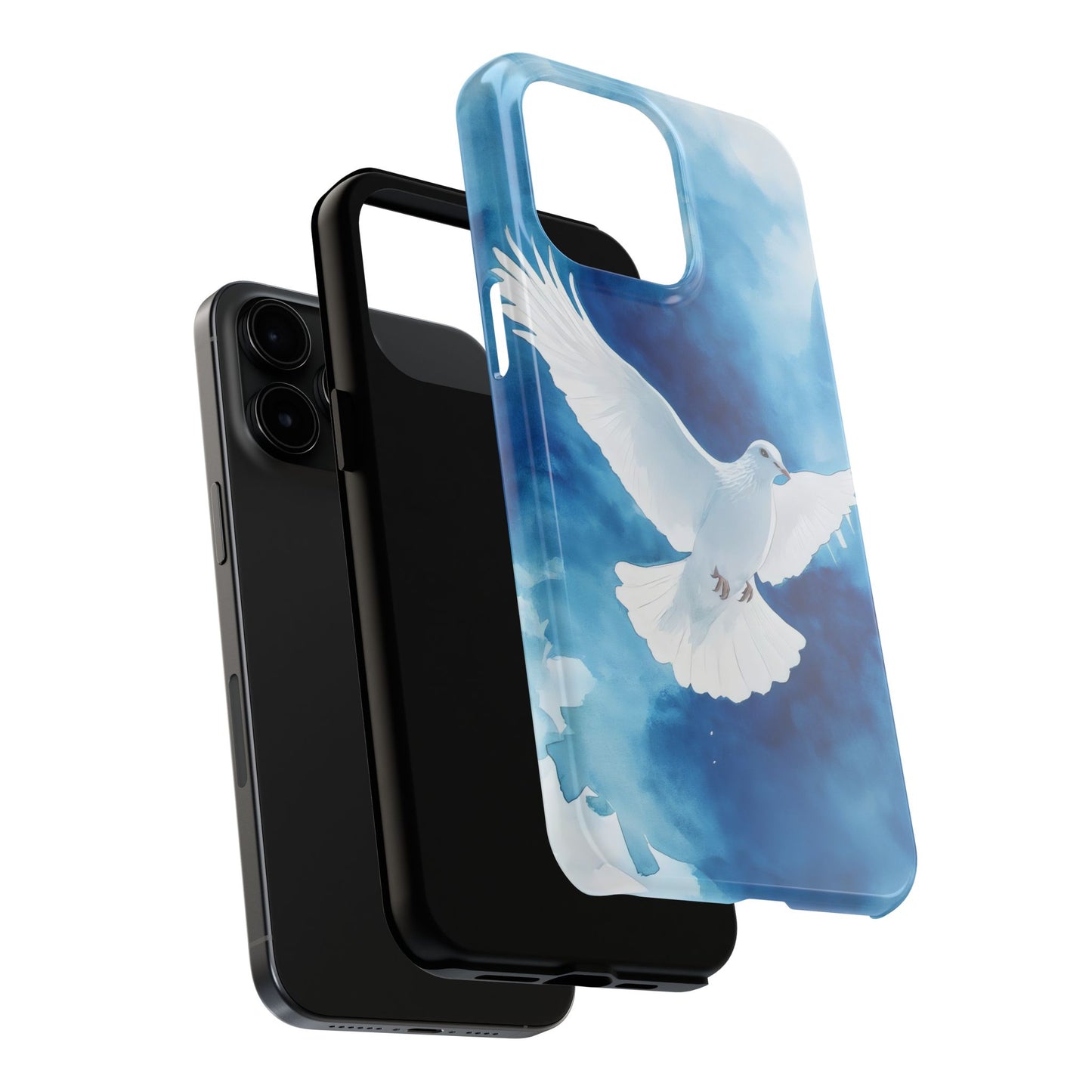 Christian phone case with white dove artwork on blue background, faith-inspired accessory