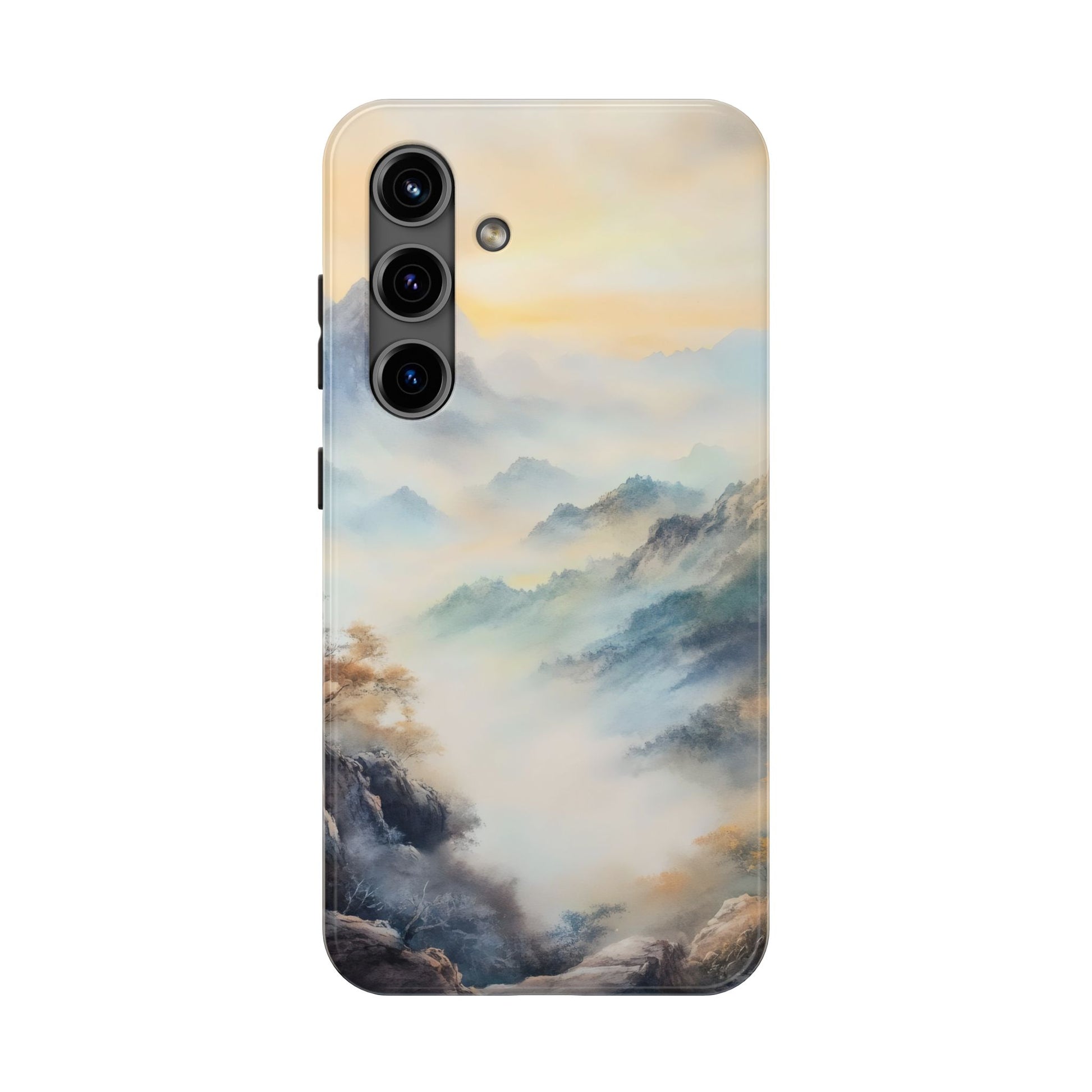 Phone case with serene mountain landscape art in soft pastel tones, misty nature scenery.