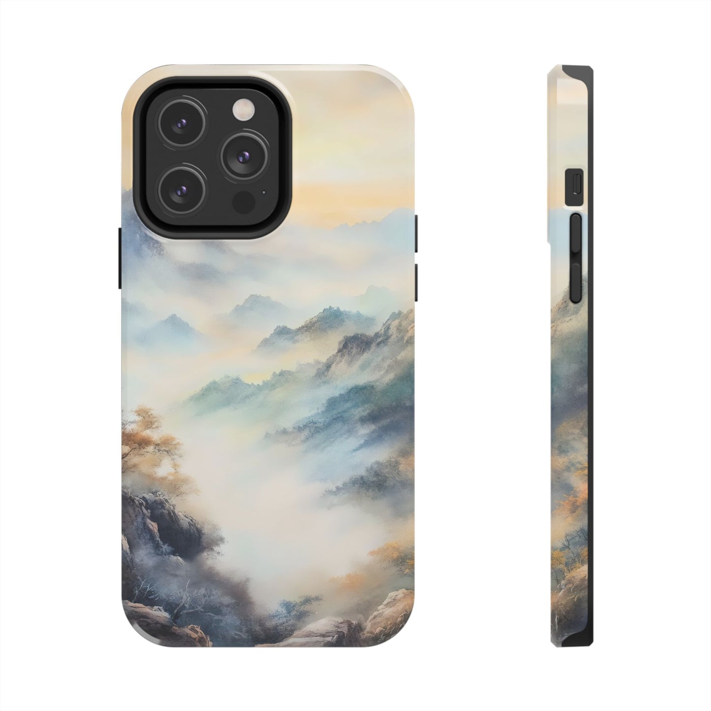 Phone case with serene mountain landscape and misty forest watercolor art