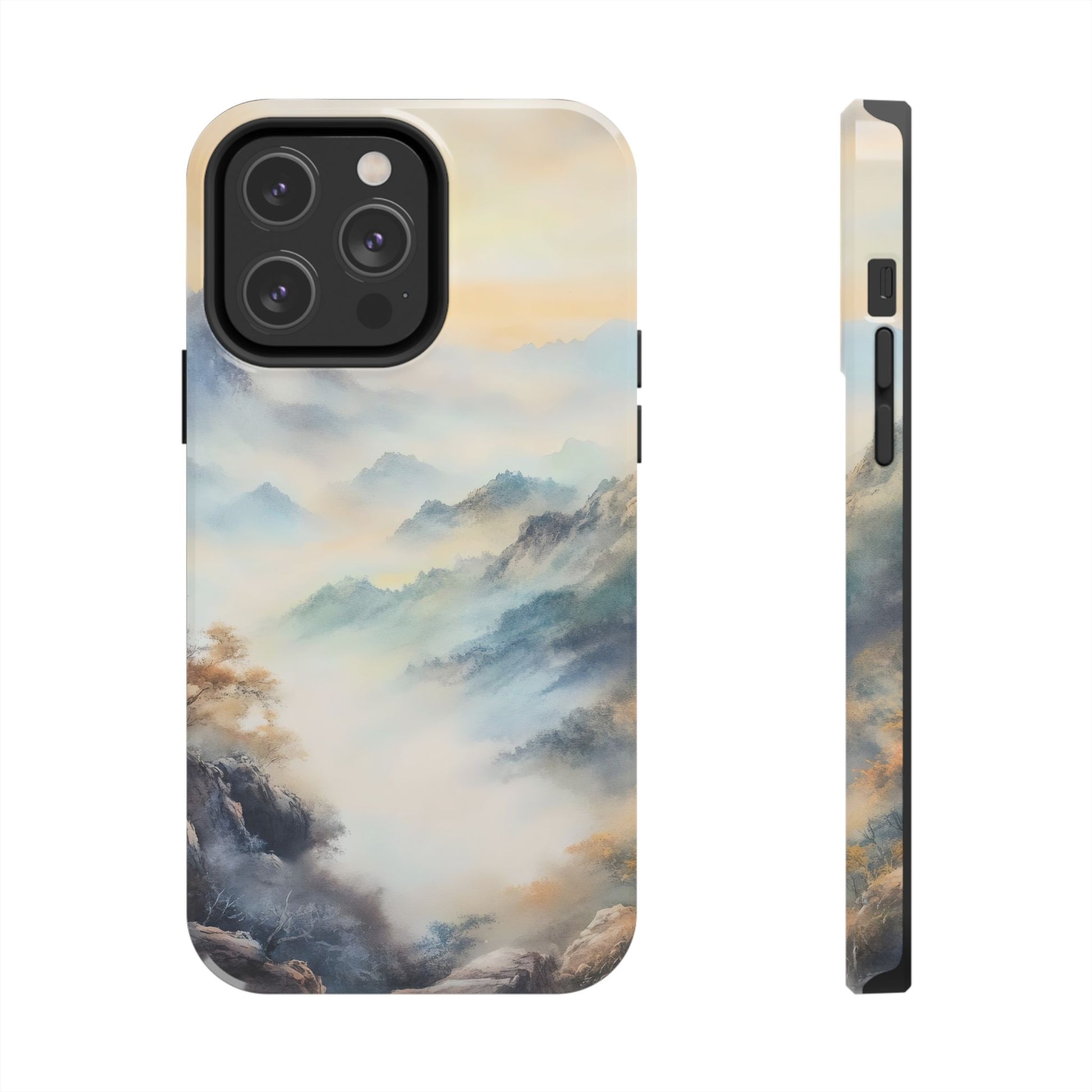 Phone case with serene mountain landscape and misty forest watercolor art