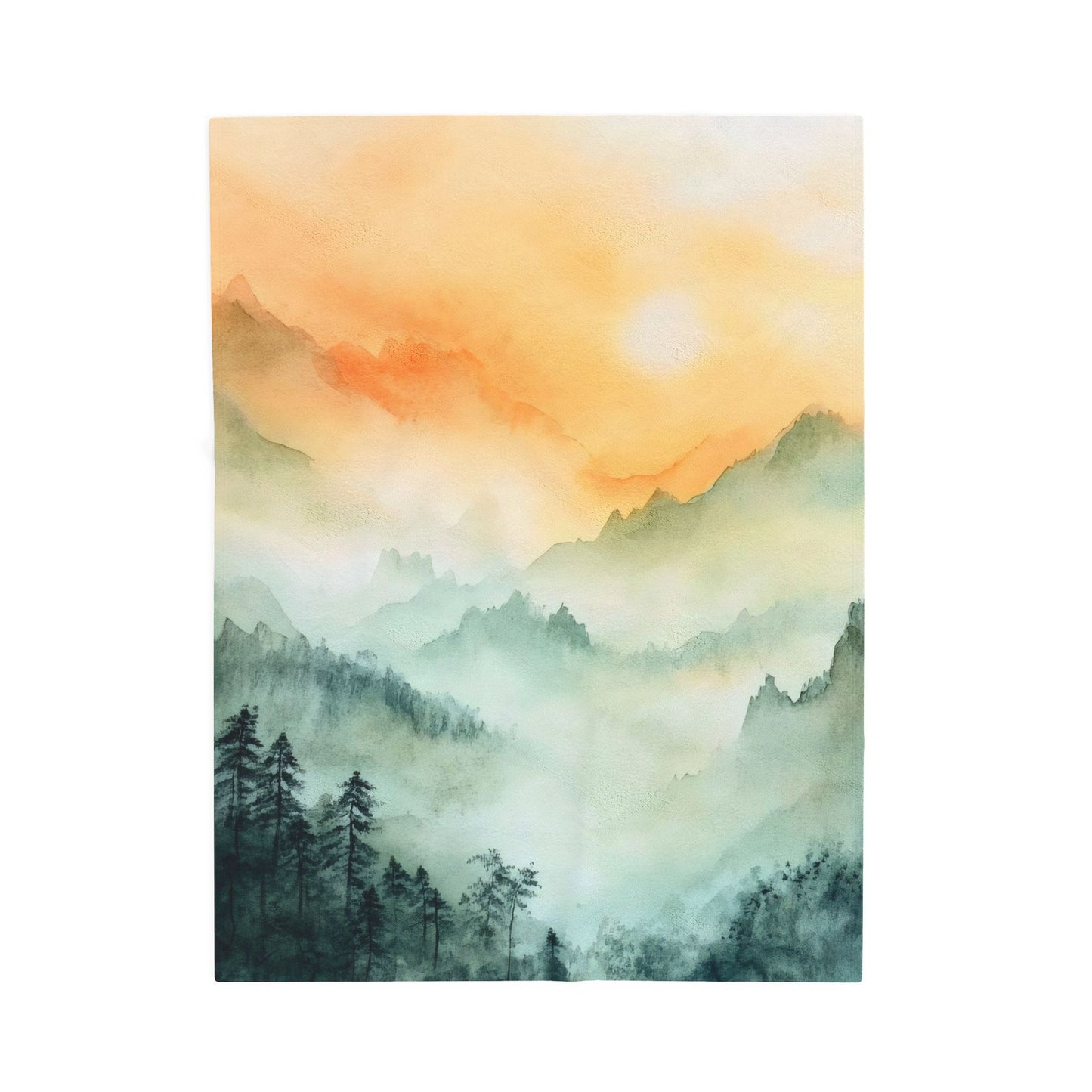 Watercolor wall art of misty mountains and pine trees at sunrise, serene landscape decor