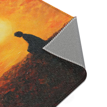 Christian wall art blanket with silhouette of a praying figure at sunrise on textured fabric