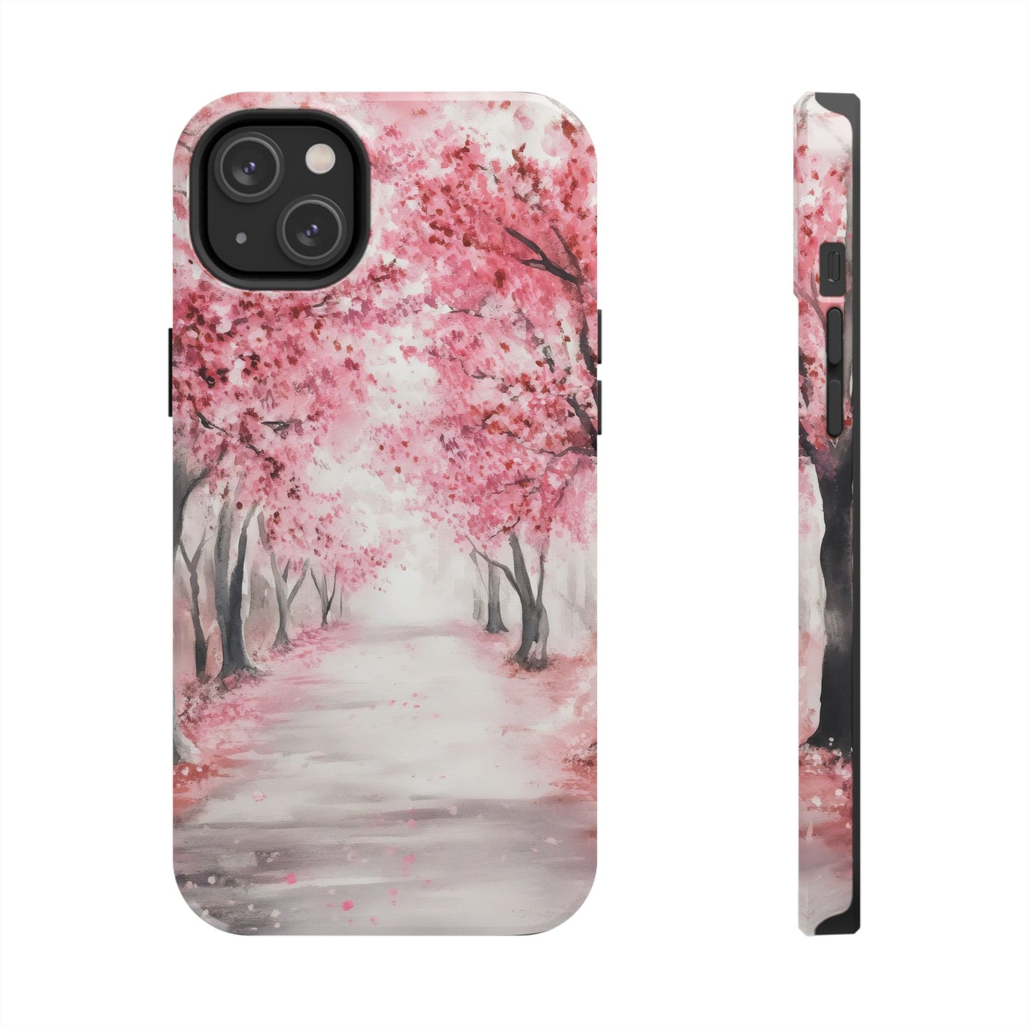 Phone case with pink cherry blossom trees and serene misty pathway design