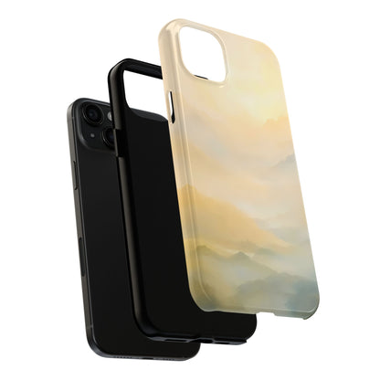 iPhone case with serene pastel mountain landscape design, displayed beside plain black case