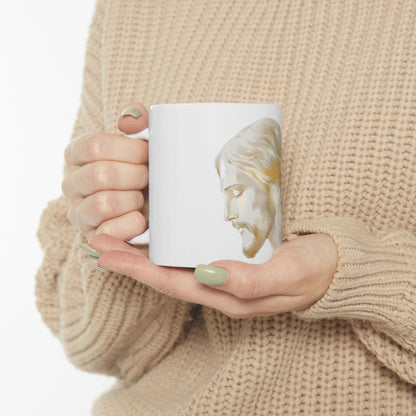 Woman holding white mug with serene illustration of Jesus, Christian inspirational home decor