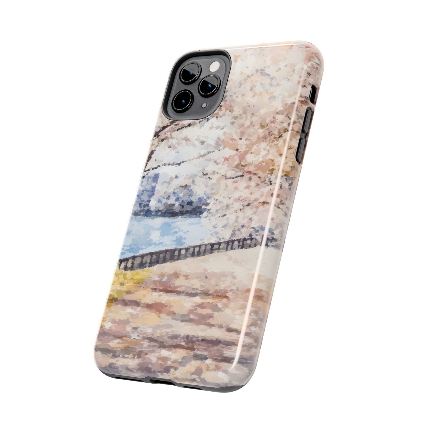 Pastel watercolor cherry blossom phone case with tranquil river and bridge design