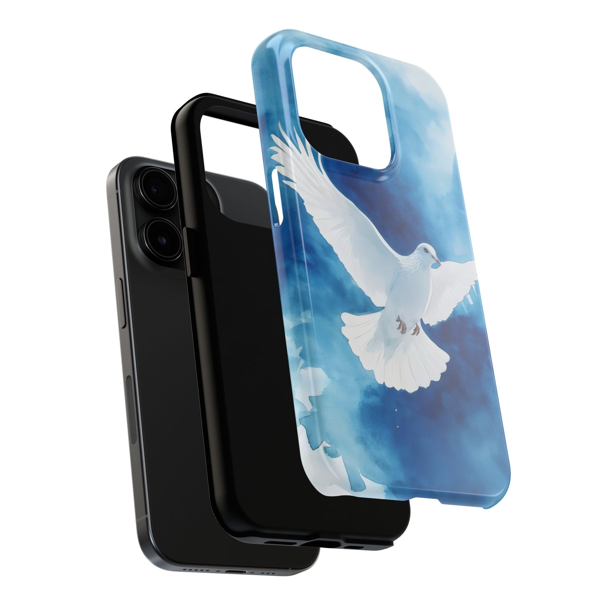 Christian phone case with white dove and blue sky design shown on smartphone