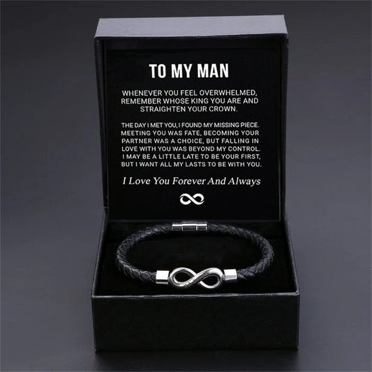 Leather bracelet with infinity-style steel detail in a message-card gift box