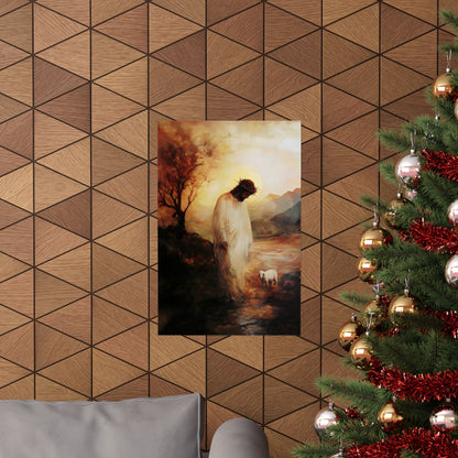 Christian wall art of Jesus with a lamb, displayed in modern living room with Christmas tree