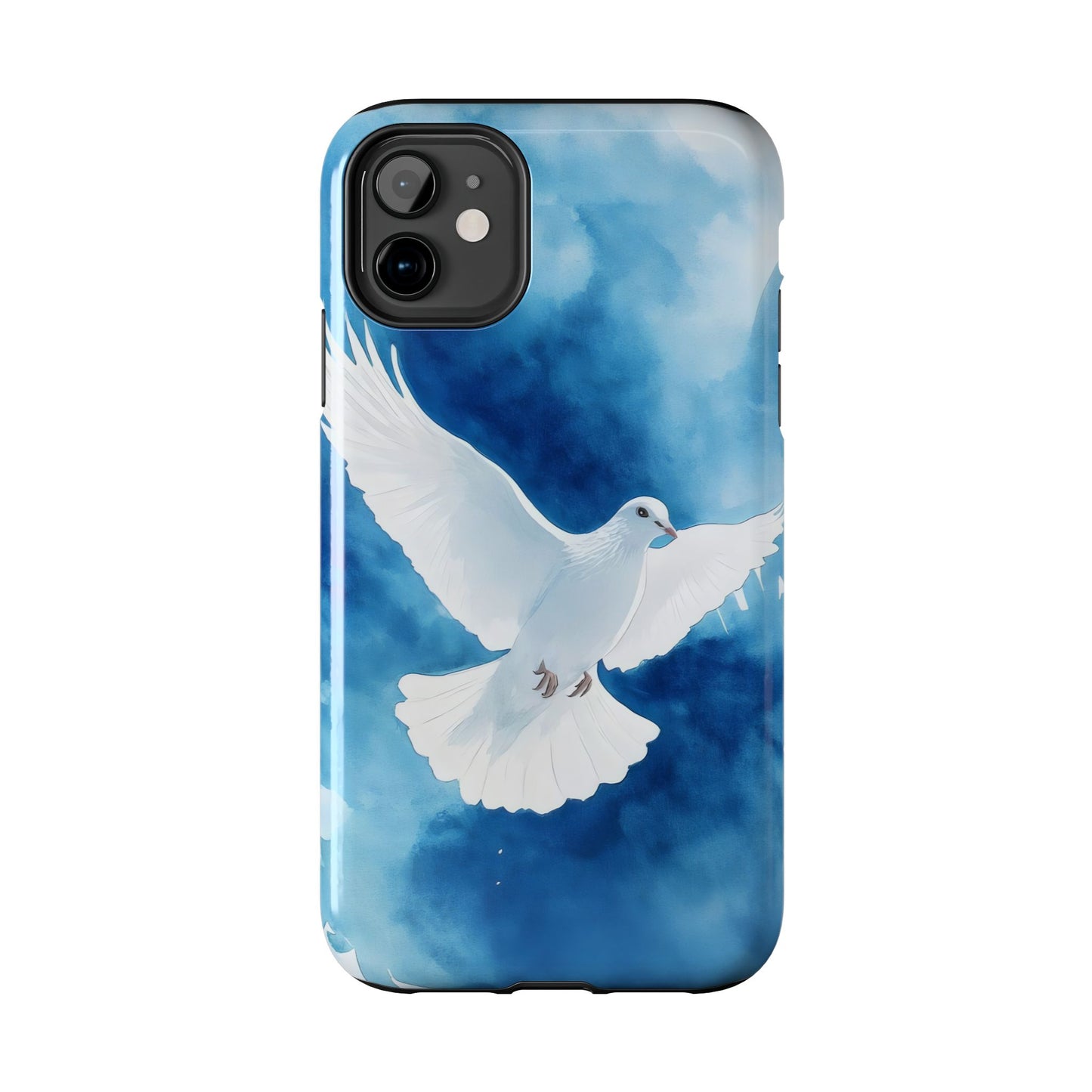 Phone case with white dove artwork on a blue watercolor background, spiritual design
