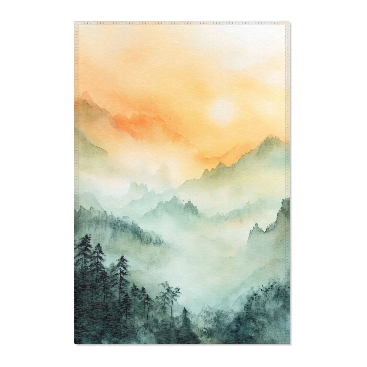 Watercolor mountain landscape wall art with misty pine trees and soft sunrise hues