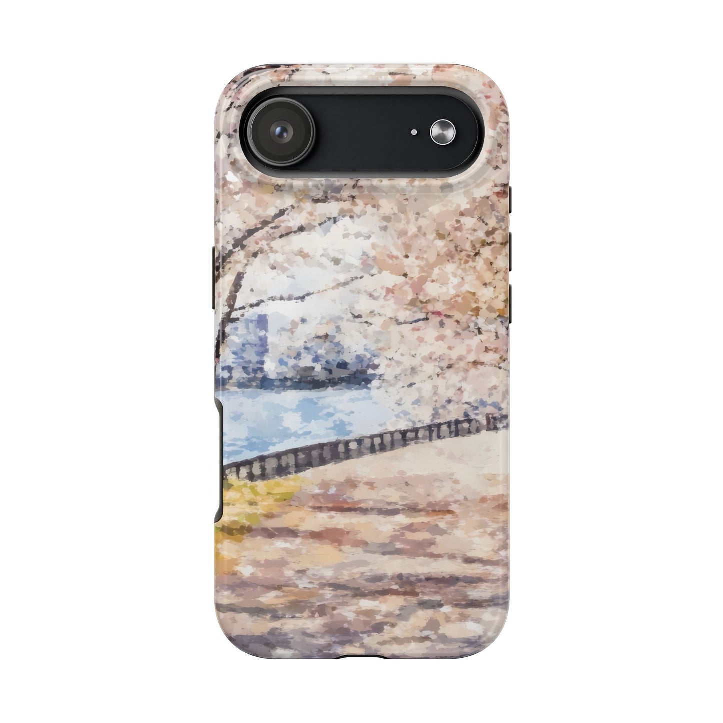 Phone case with pastel watercolor cherry blossom and riverside park landscape design