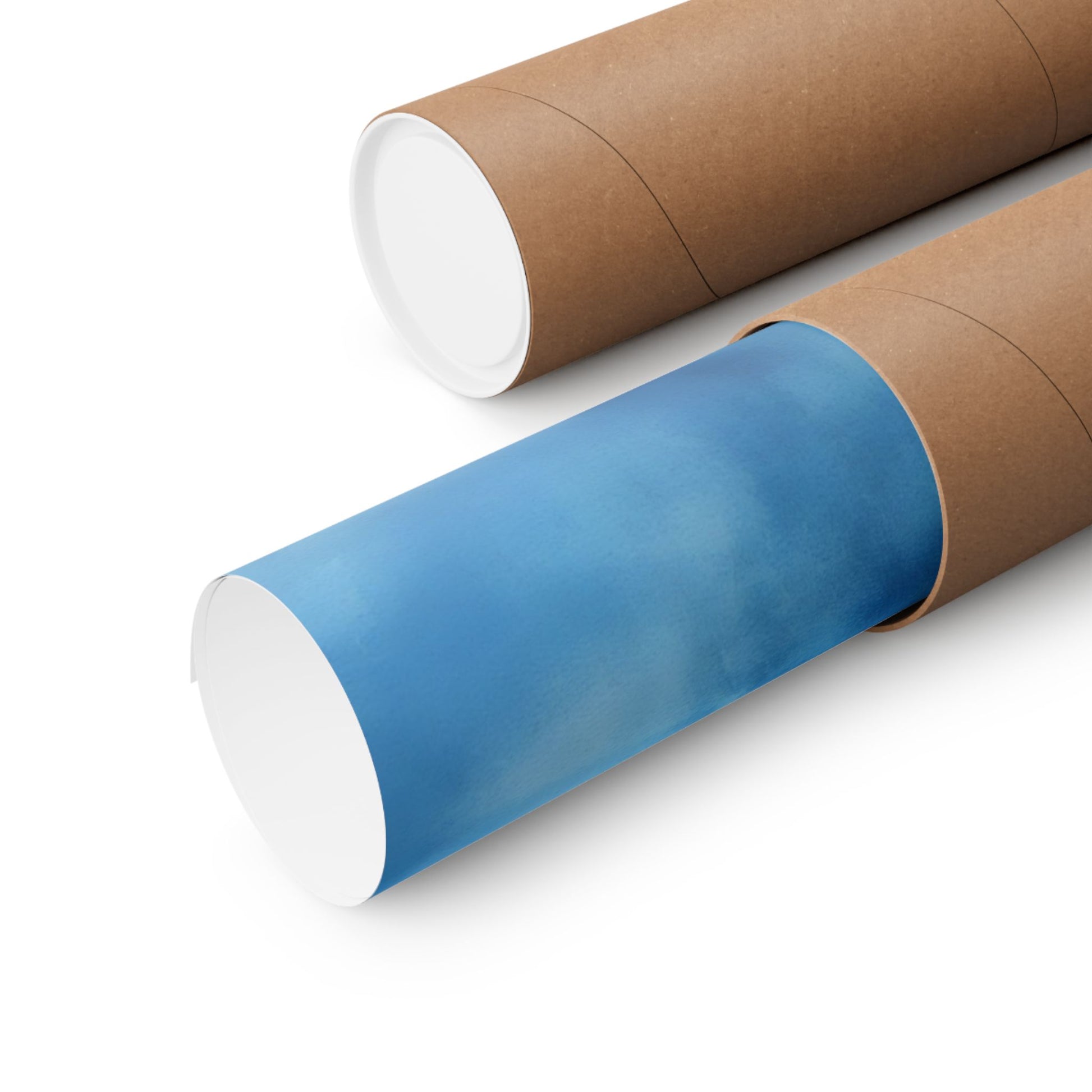 Rolled blue wall art print in brown mailing tube on white background